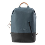 Lieblingstasche a/u by aunts & uncles Hamamatsu backpack in blue coated canvas with a black leather base and handle.