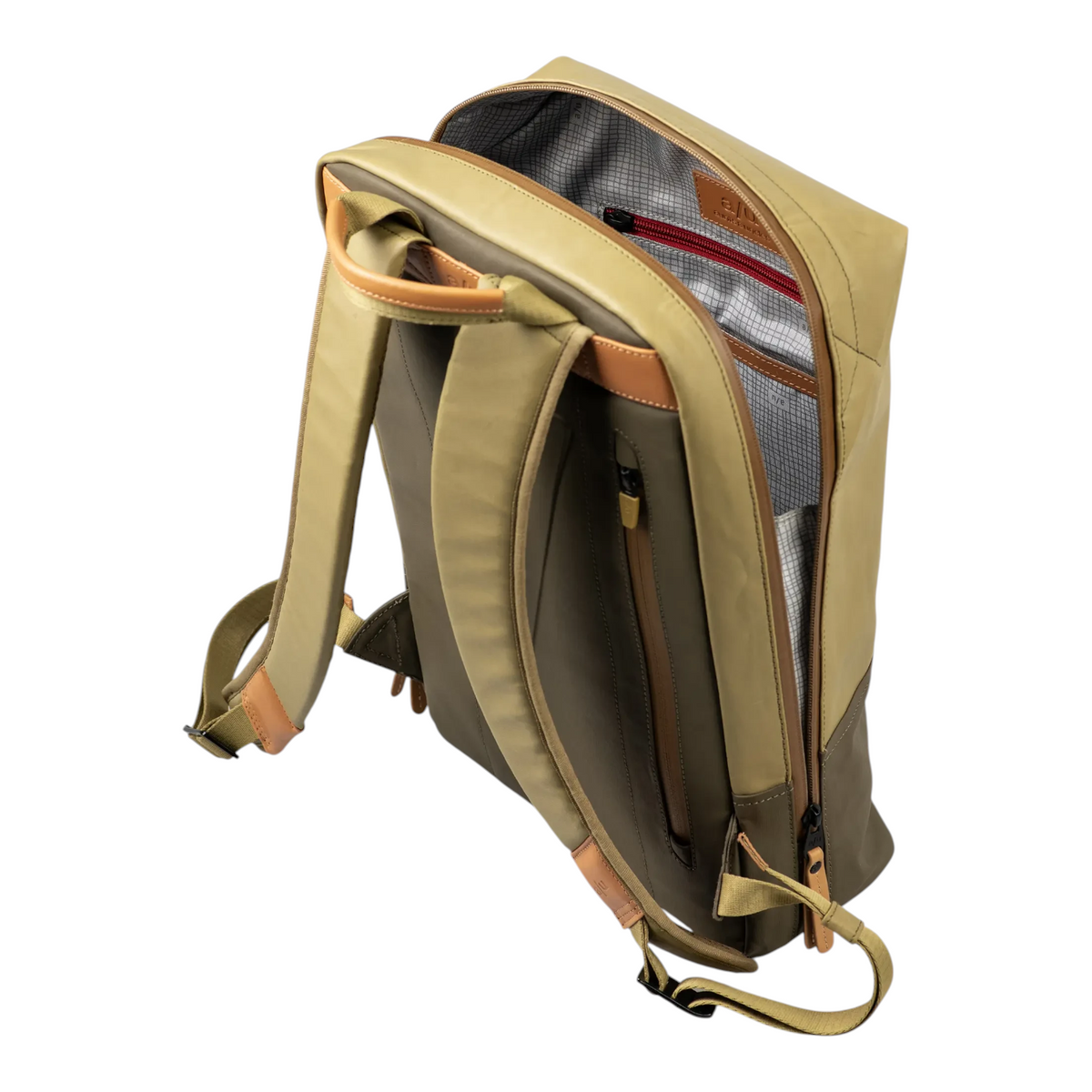 Lieblingstasche a/u by aunts & uncles Hamamatsu backpack in olive green coated canvas with leather details and open zip