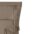 Close-up of the beige Lieblingstasche Helsinki Pro backpack featuring smooth waterproof material and side buckle