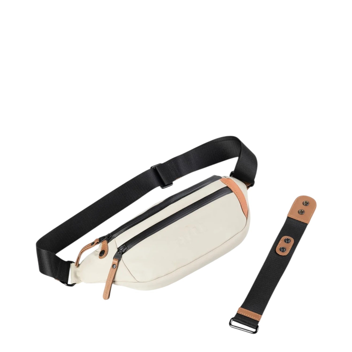 Lieblingstasche a/u by aunts & uncles Ichikawa belt bag in cream coated canvas with black zippers and leather details