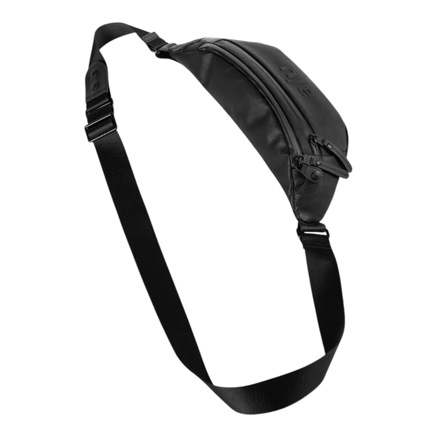 Lieblingstasche a/u by aunts & uncles Ichikawa black belt bag in coated canvas with leather details and zippers.