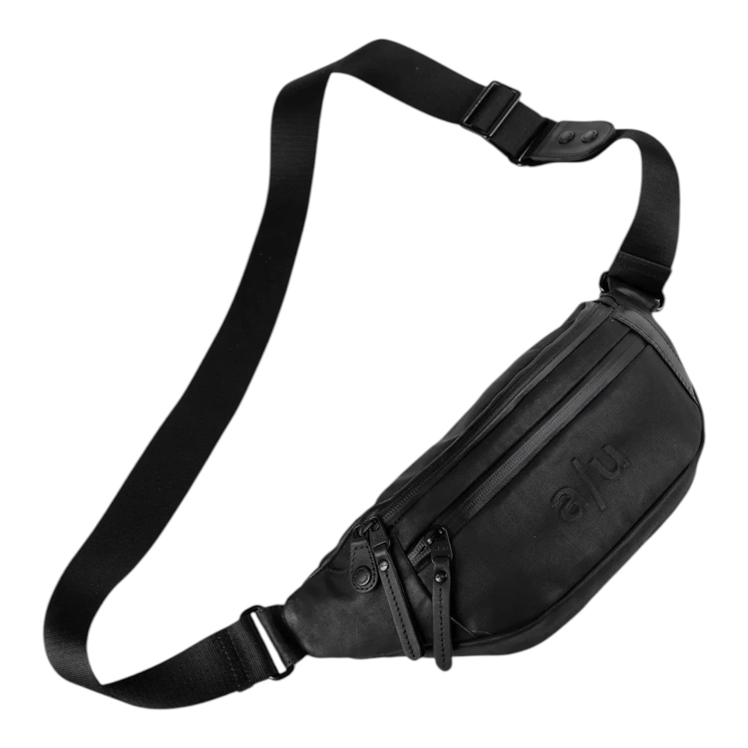 Lieblingstasche a/u by aunts & uncles Ichikawa black belt bag made of coated canvas with leather details and zippers.