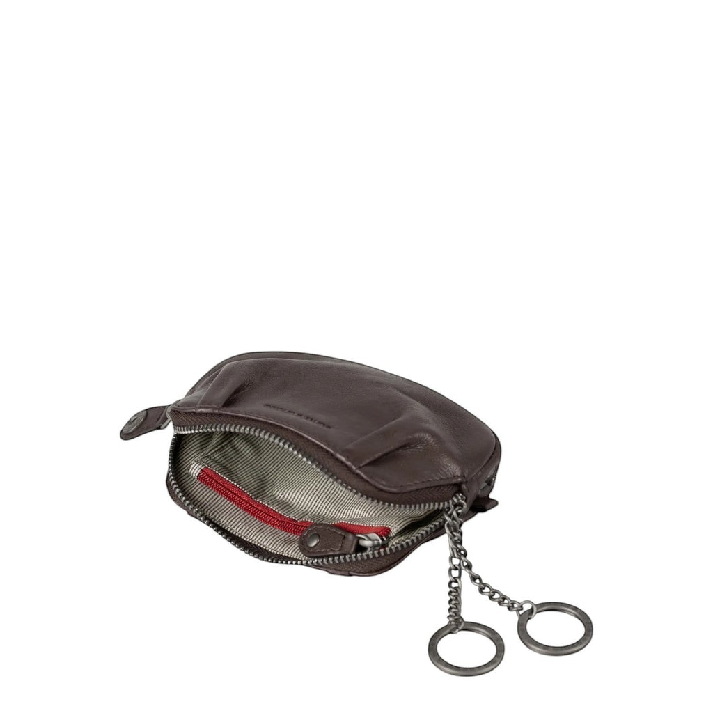 Lieblingstasche Jacy dark brown leather key pouch with a zippered opening, striped lining, and two metal key rings.