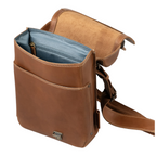 Lieblingstasche Jade brown leather backpack with open flap and blue interior lining
