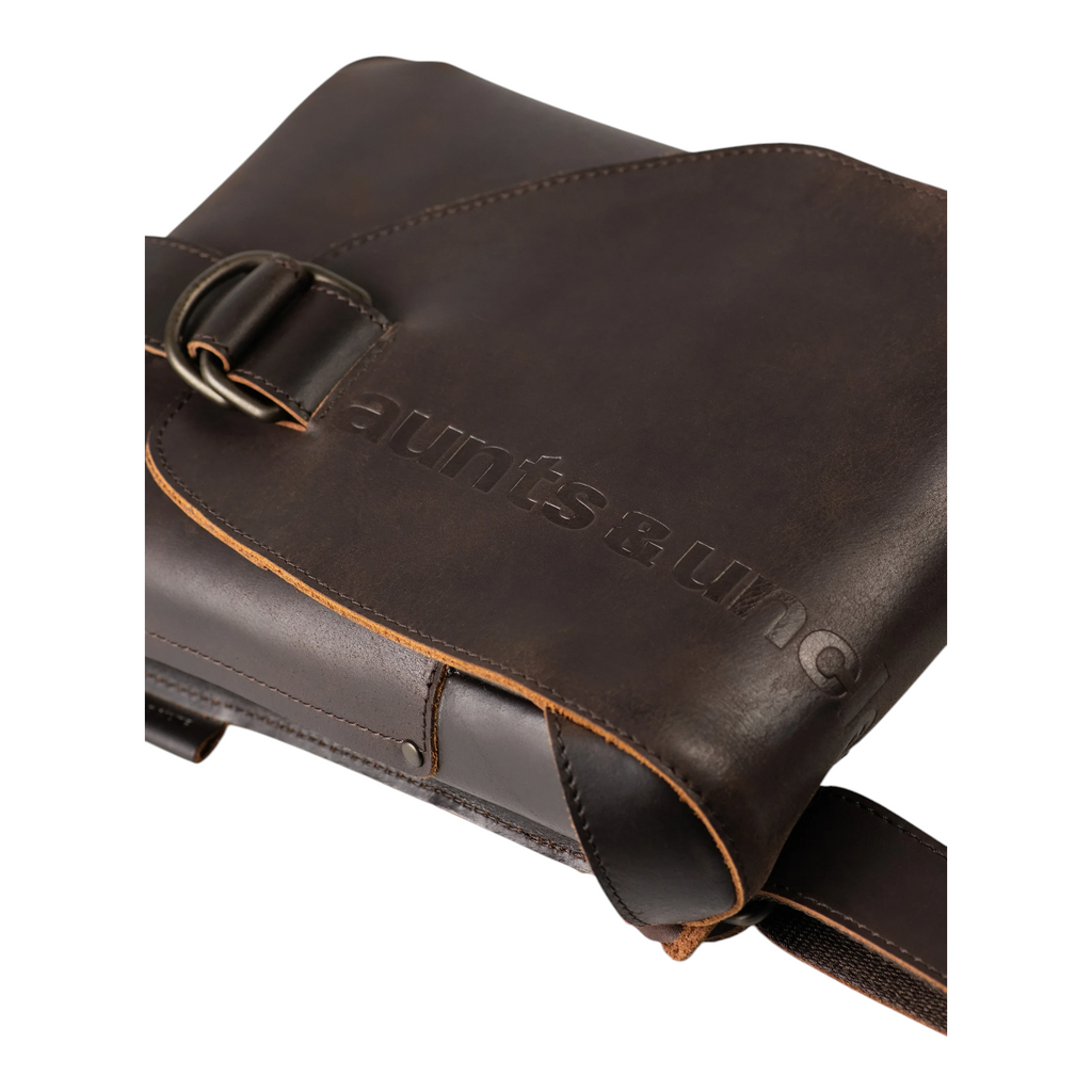 Lieblingstasche Jade dark brown leather messenger bag with embossed branding and antique metal buckle detail