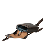 Lieblingstasche Jade dark brown leather crossbody bag with open flap and blue interior lining