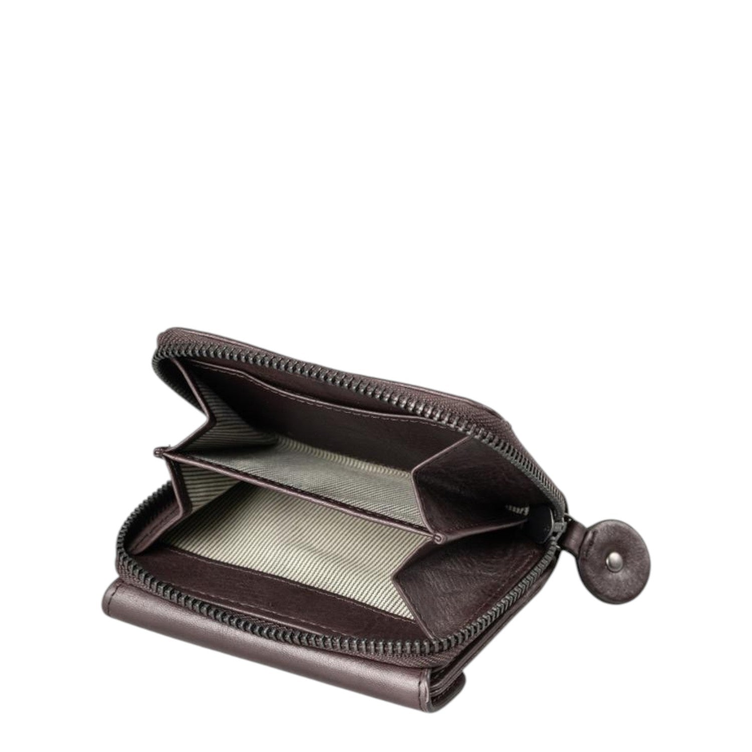 Lieblingstasche Judy dark brown leather wallet with an open zippered compartment and striped interior lining
