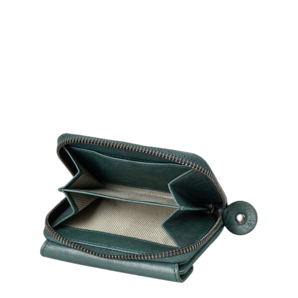 Lieblingstasche Judy dark green leather wallet with an open zippered compartment and striped interior lining