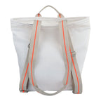 Lieblingstasche Kaje white backpack with grey straps featuring neon orange stripes and silver hardware.