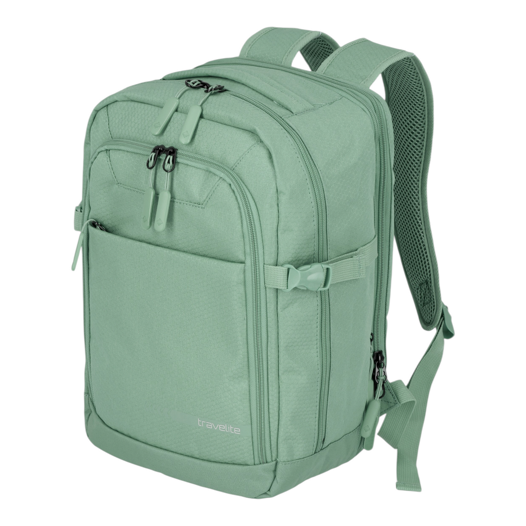 Lieblingstasche Kick Off cabin rucksack in sage green with multiple zippered compartments and adjustable straps.