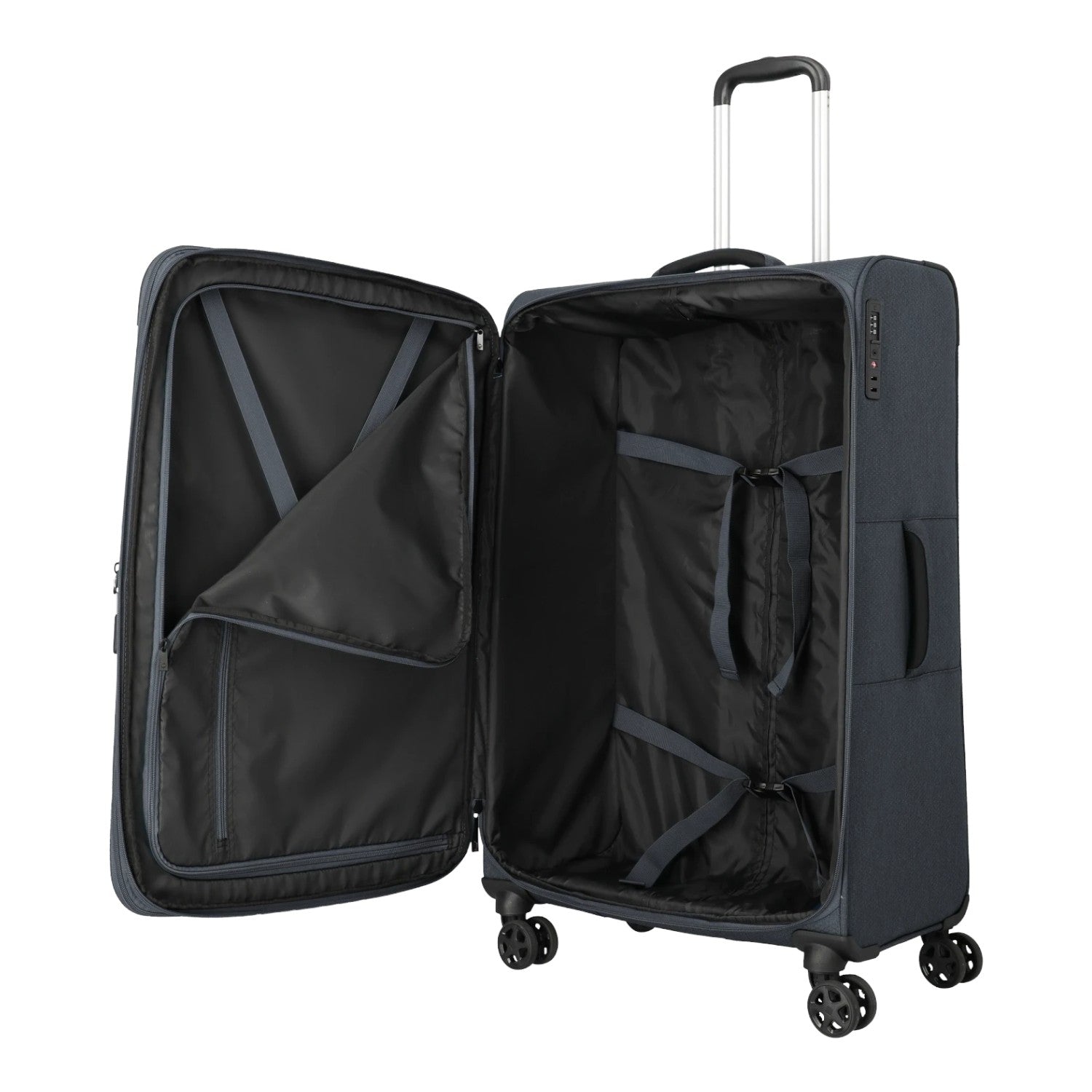 Lieblingstasche KICK OFF large expandable 4-wheel trolley suitcase in dark grey with open interior and packing straps