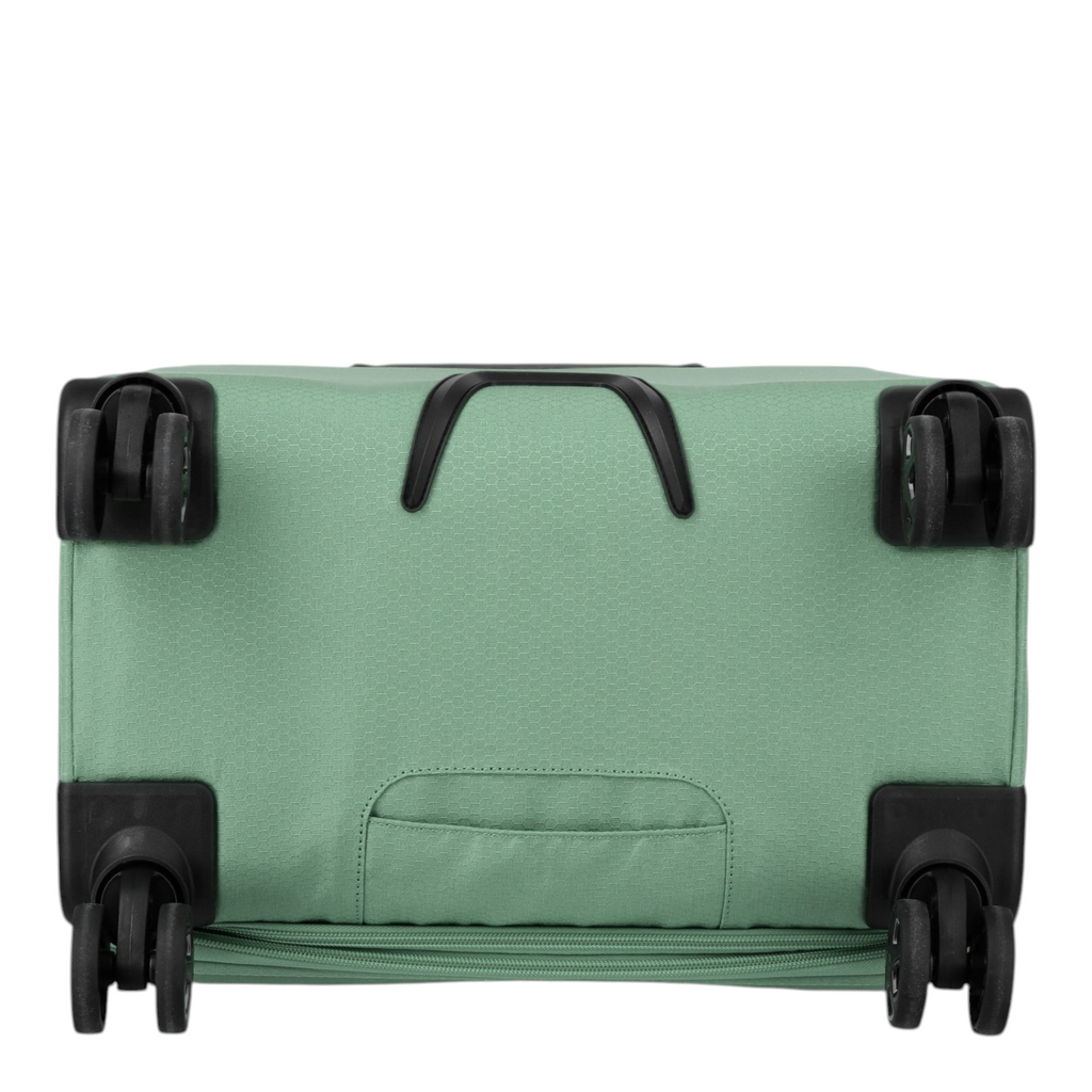 Bottom view of a Lieblingstasche Kick Off Trolley 4w L exp in sage green showing four spinner wheels and handle