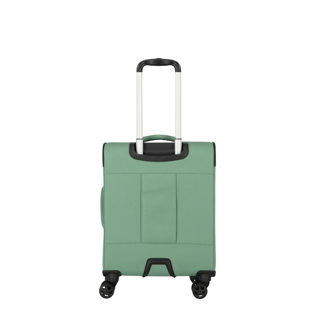 Lieblingstasche Kick Off Trolley 4w S in sage green with a telescopic handle and four spinner wheels, back view.