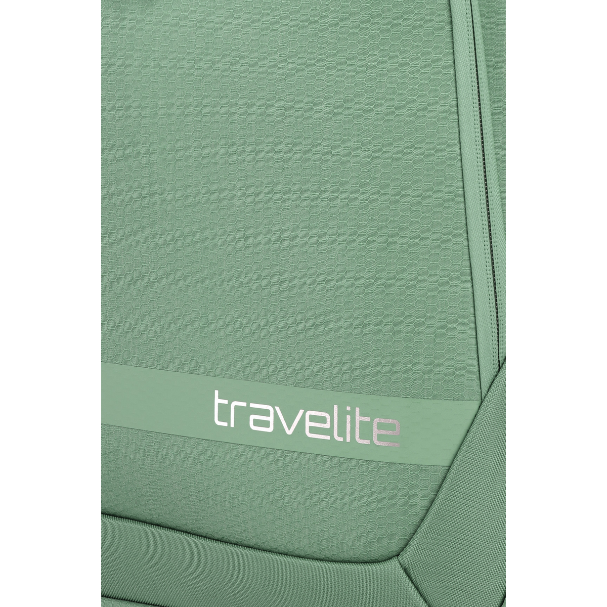 Lieblingstasche Kick Off trolley suitcase in sage green with a textured honeycomb pattern and travelite logo detail