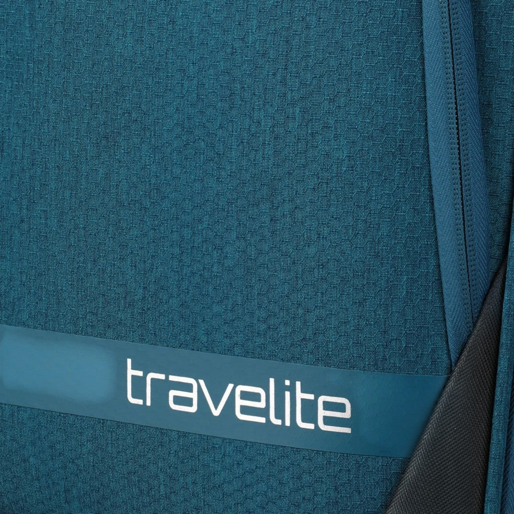 Lieblingstasche KICK OFF trolley suitcase in petrol blue with textured fabric and travelite logo detail