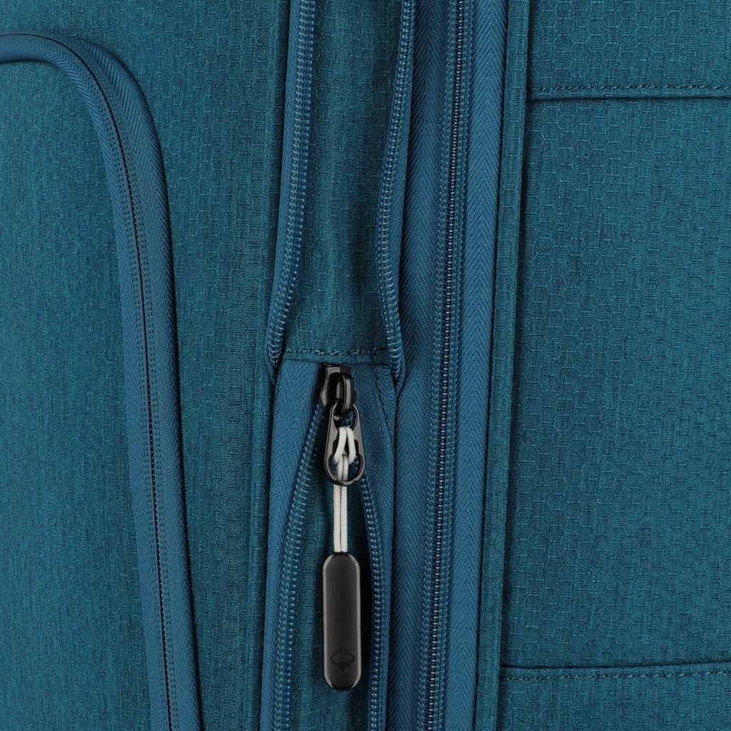 Close-up of the Lieblingstasche KICK OFF trolley suitcase in petrol blue featuring durable fabric and zipper detail.