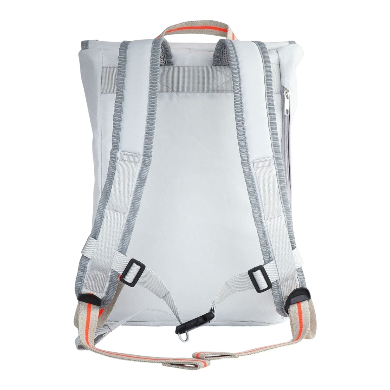 Back view of the Lieblingstasche Landgang Mini backpack in light grey with adjustable straps and orange accents.