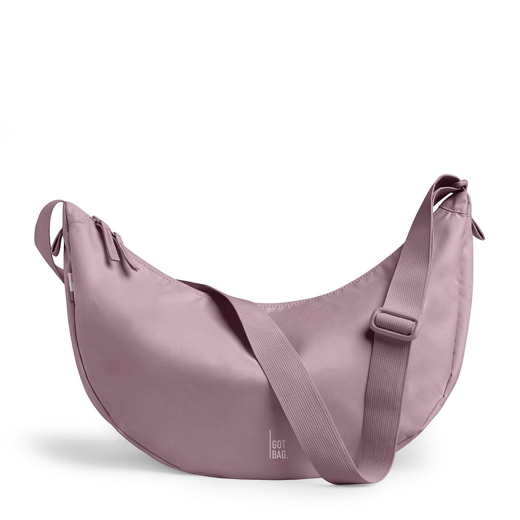 Lieblingstasche Large Moon Bag in dusty rose nylon with adjustable strap and dual zippers.