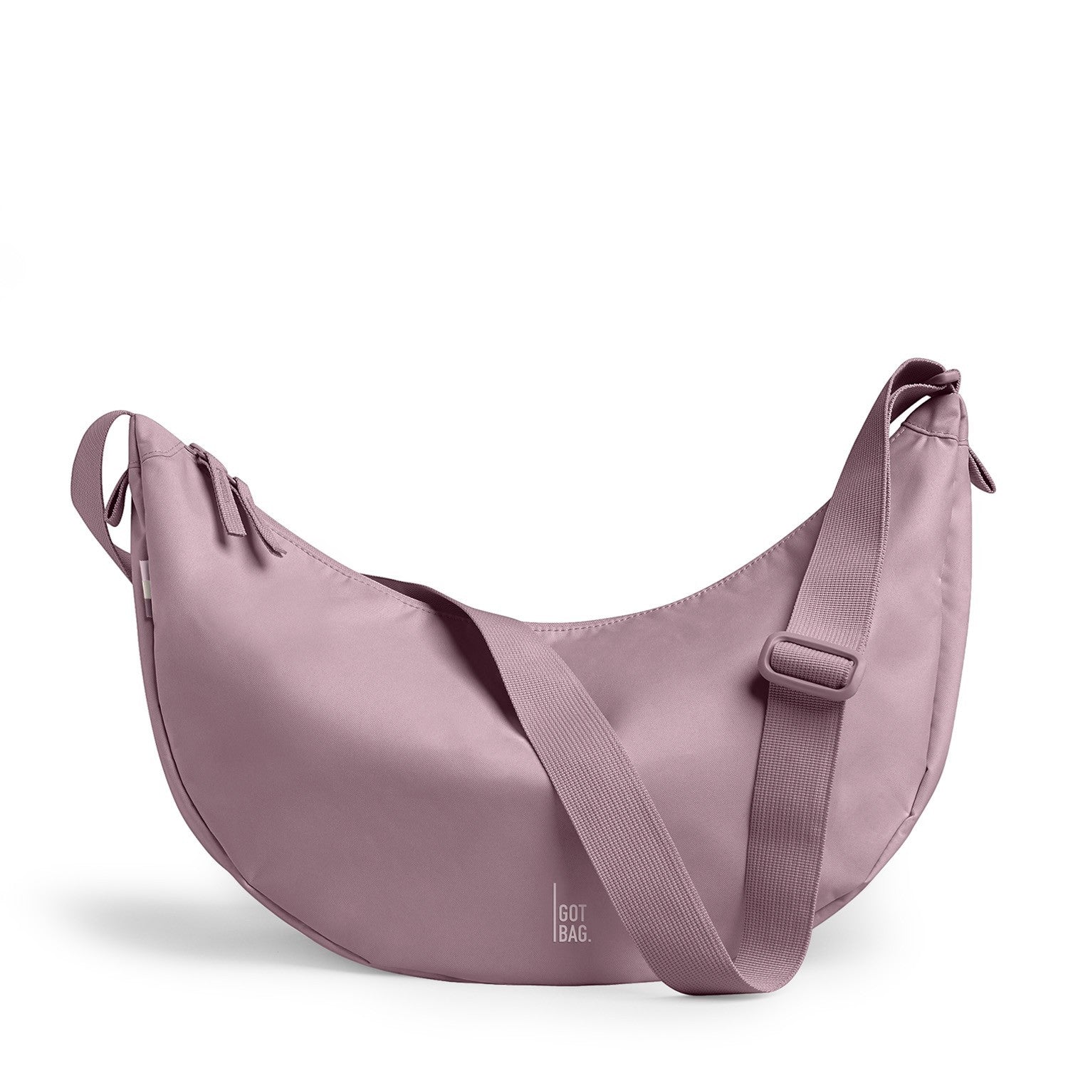 Lieblingstasche Large Moon Bag in dusty rose nylon with adjustable strap and dual zippers.