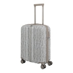 Lieblingstasche Lascana Edition 4W Trolley S, a small grey suitcase with a white lace-like pattern and beige trim. Features a telescopic handle and spinner wheels.