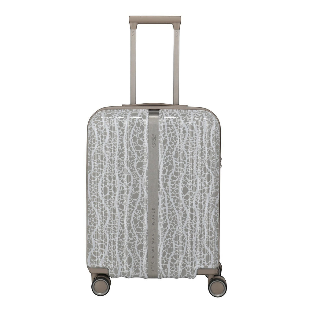 Lieblingstasche Lascana Edition 4W Trolley S, a small silver suitcase with a white lace-like pattern and a grey strap.