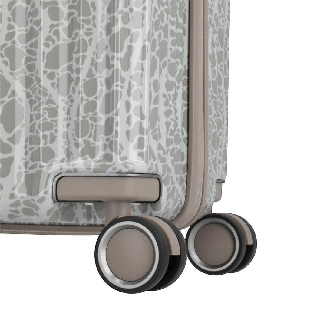 Lieblingstasche Lascana Edition 4W Trolley L, a large suitcase with a white and grey abstract pattern and beige trim.