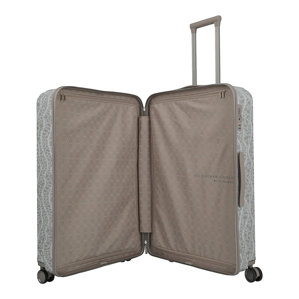 Lieblingstasche Lascana Edition 4W Trolley L, a large grey suitcase with a white lace pattern and TSA lock. Open to reveal a beige interior with geometric lining.
