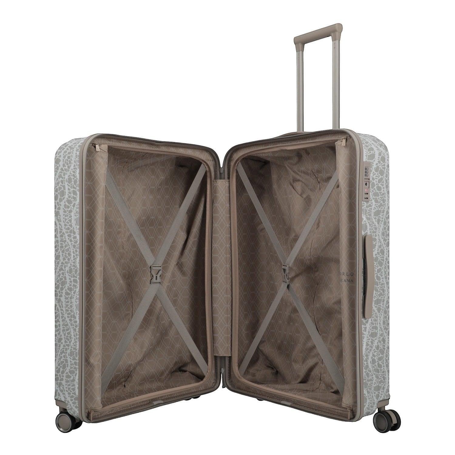 Lieblingstasche Lascana Edition 4W Trolley L, light grey patterned hard-shell suitcase, open to show interior with straps and lining.