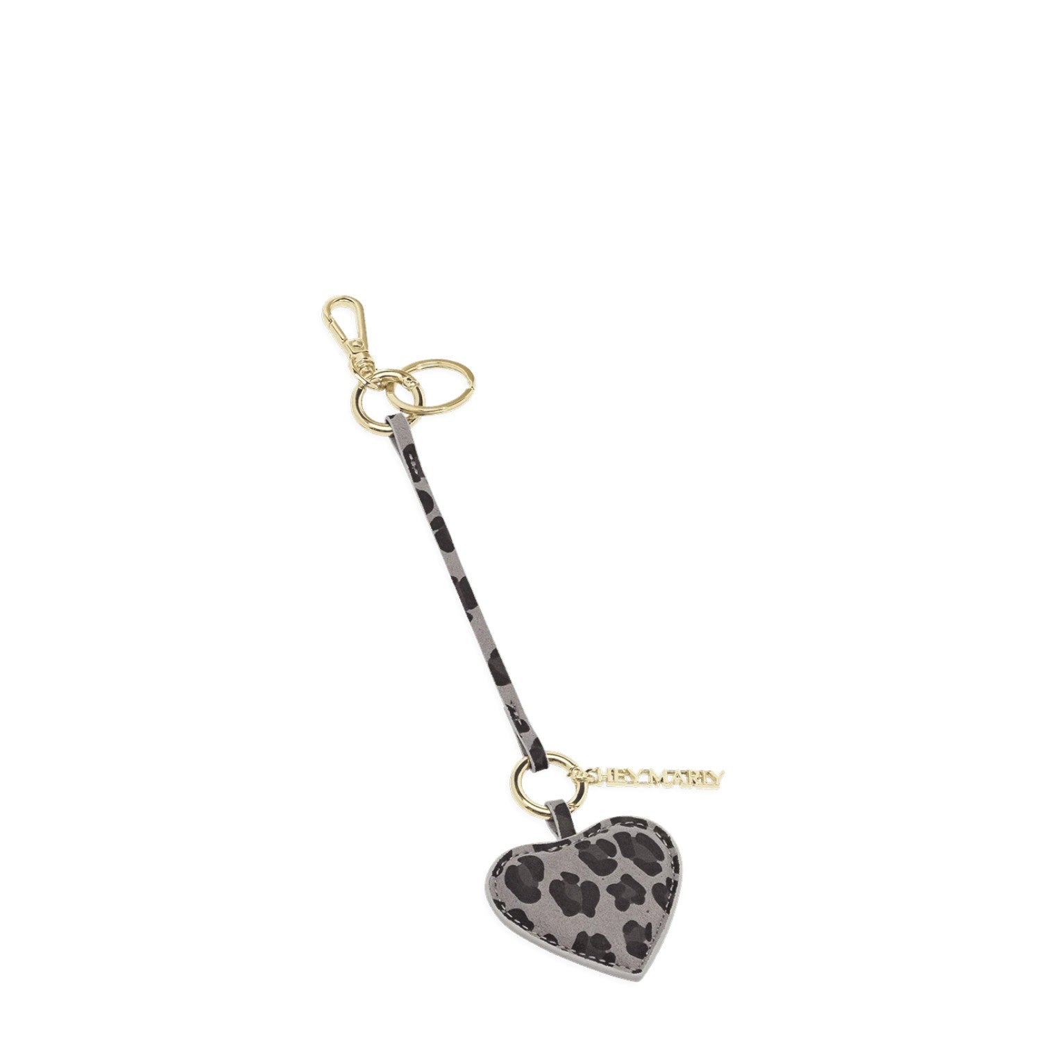 Lieblingstasche heart charm with grey leopard print pattern, gold-tone hardware, and a matching leather strap.