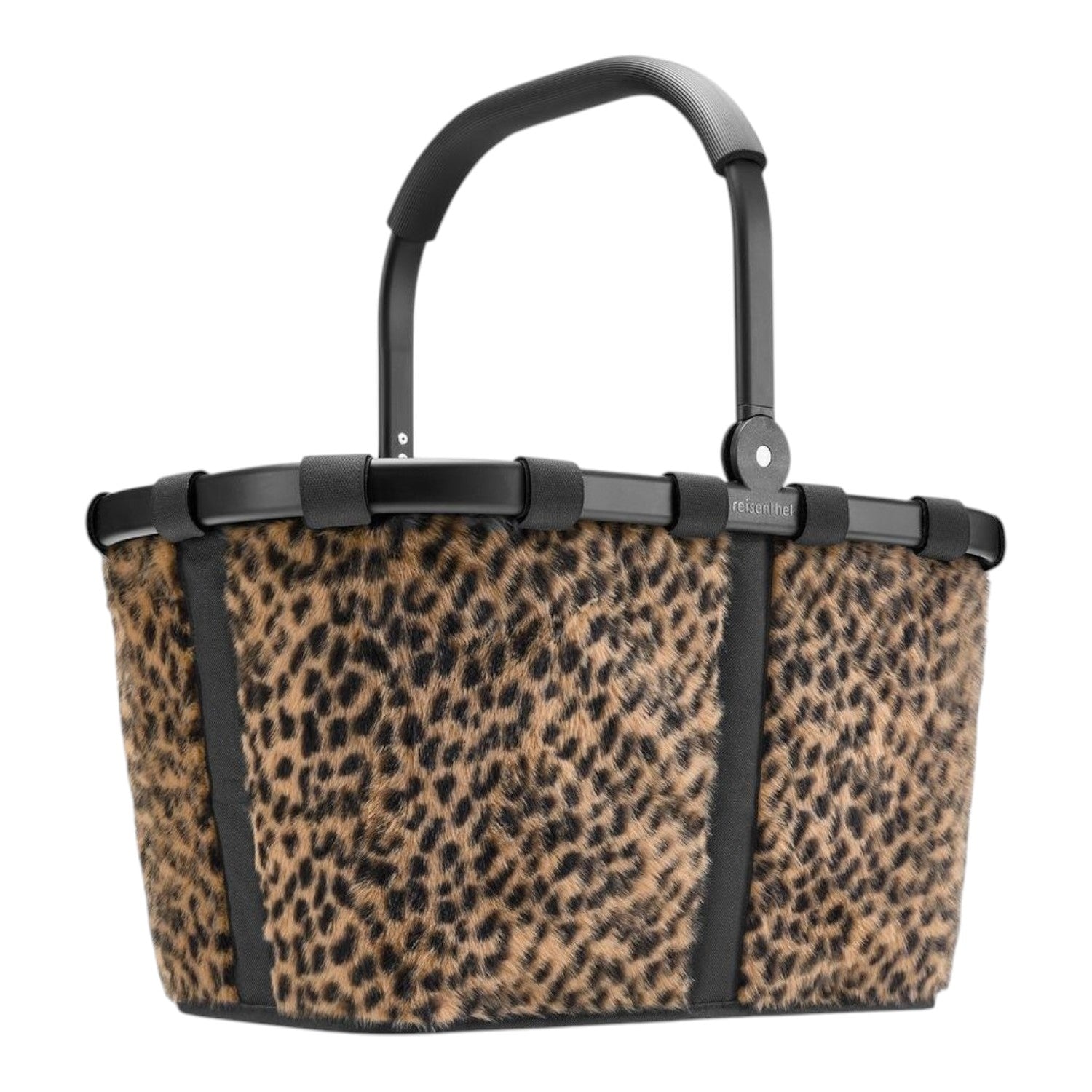 Lieblingstasche Carrybag shopping basket with a stylish leopard print faux fur finish and black aluminium handle.
