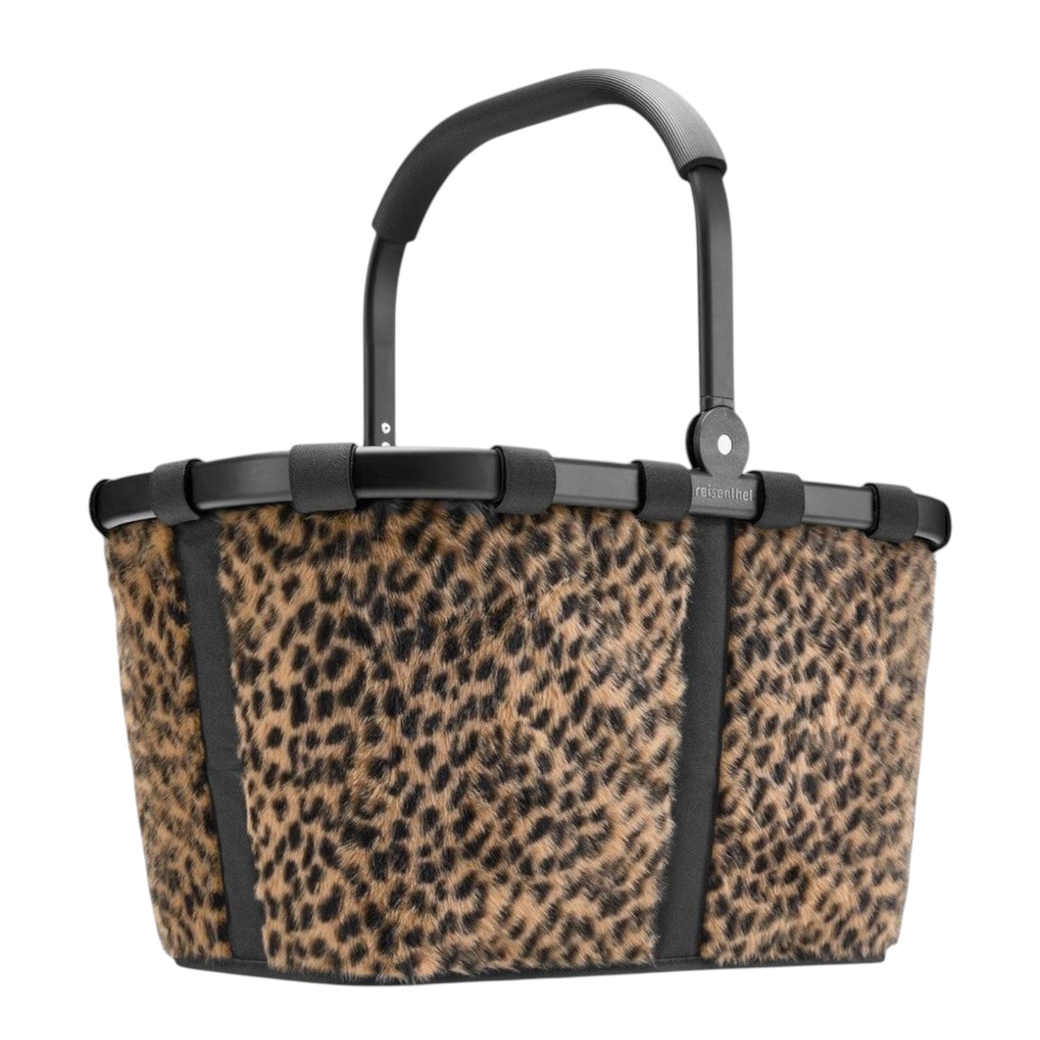Lieblingstasche Carrybag shopping basket with a stylish leopard print faux fur finish and black aluminium handle.