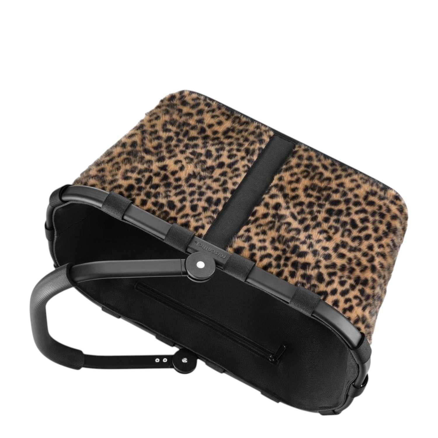 Lieblingstasche Carrybag shopping basket with a leopard print faux fur exterior and black aluminium handle