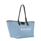 Lieblingstasche light blue denim tote bag with black leather trim and handles, featuring white "VALENTINO" logo.
