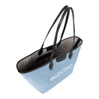 Lieblingstasche light blue denim tote bag with black leather straps and white VALENTINO logo.