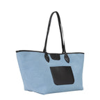 Lieblingstasche light blue denim tote bag with black leather trim and front pocket