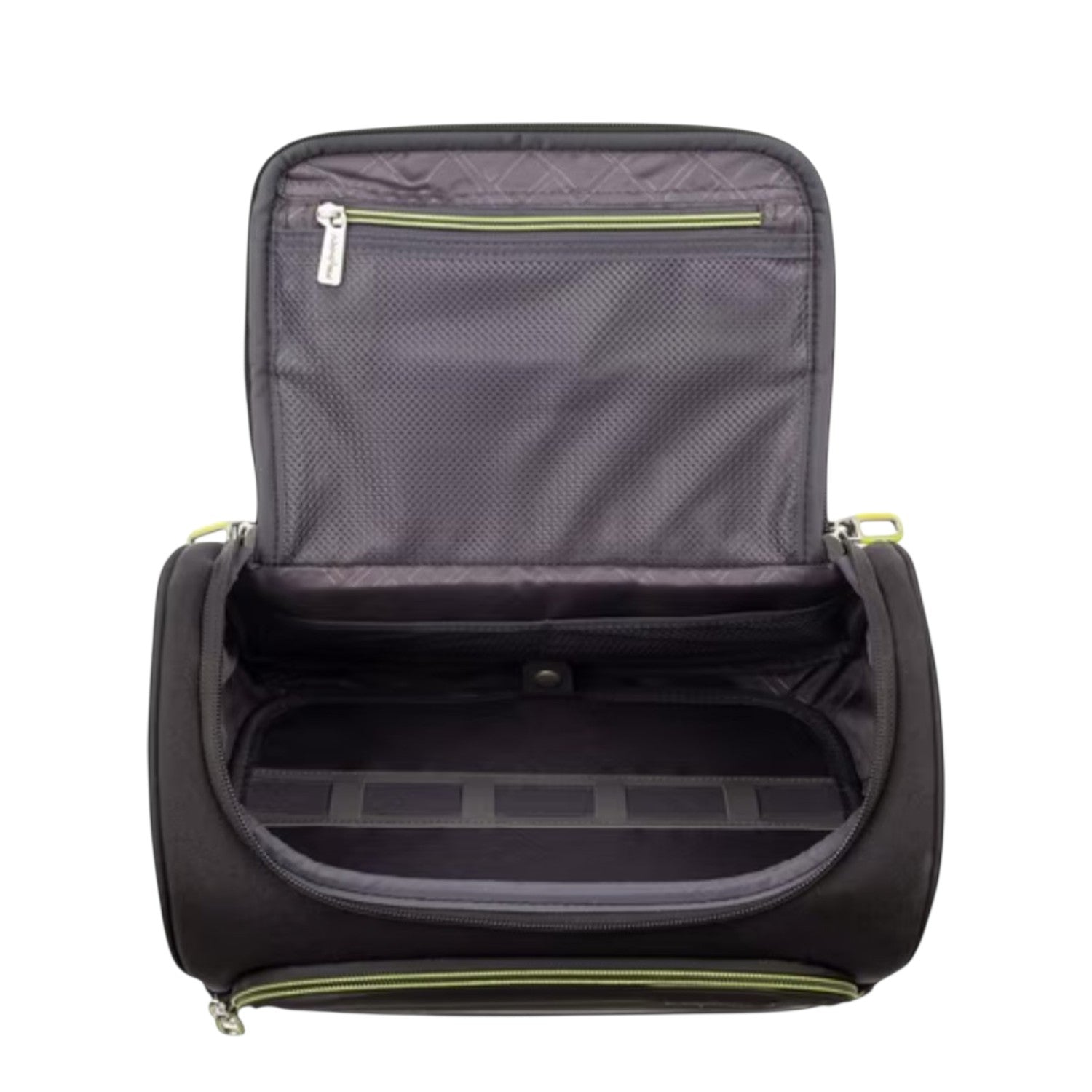 Lieblingstasche Lightstyler beautycase in black with lime green accents, featuring an open interior with mesh pockets.