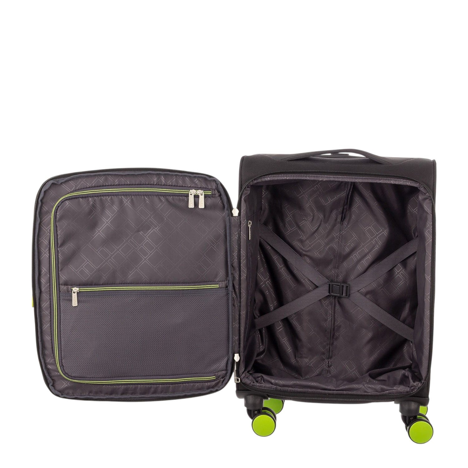 Lieblingstasche Lightstyler cabin spinner suitcase interior with grey lining, mesh pockets, and lime green wheels
