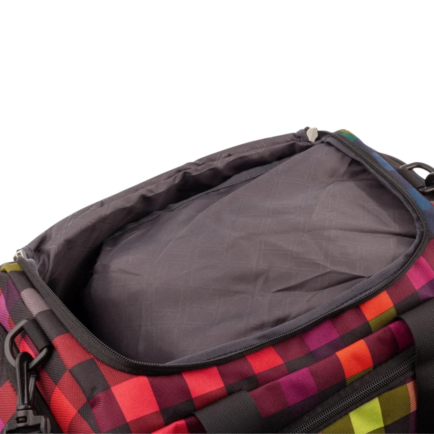 Lieblingstasche Lightstyler Duffle L bag with a red and multicolored plaid pattern and a black interior lining