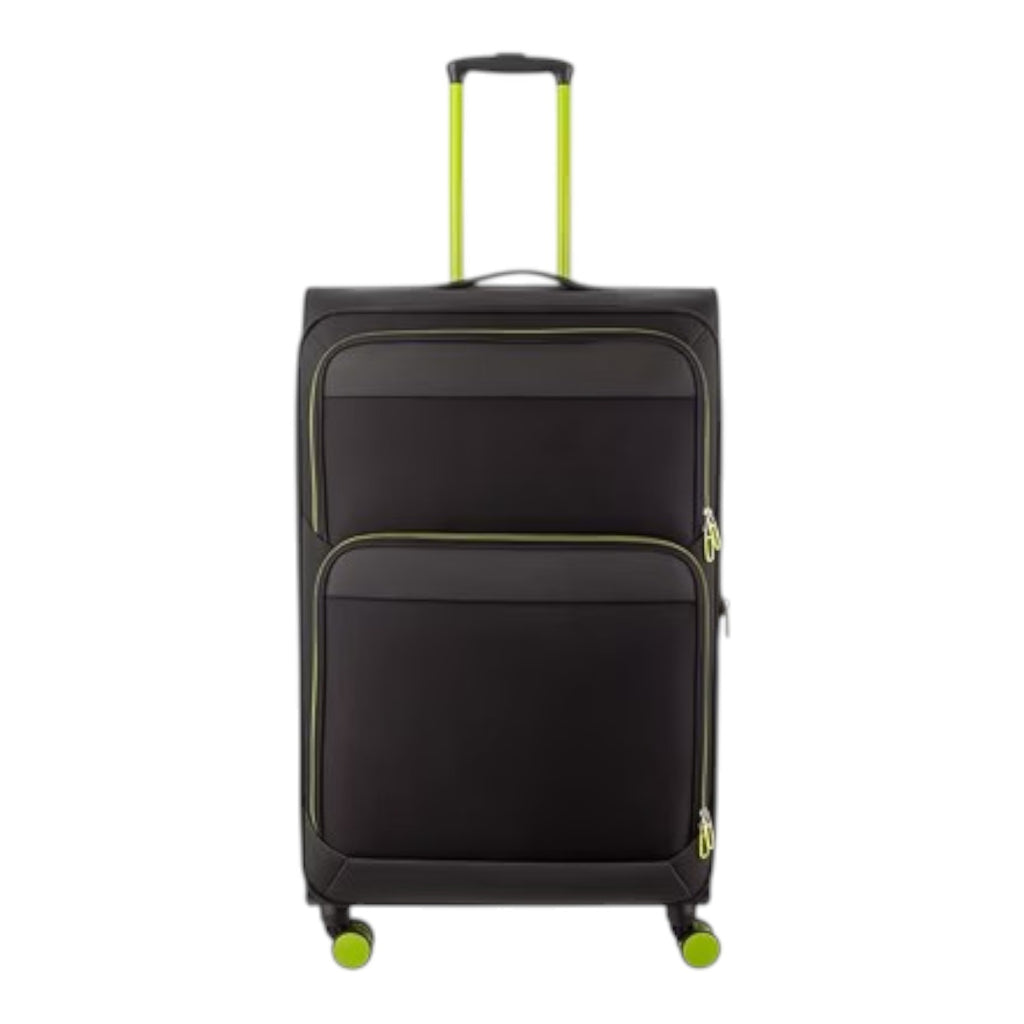 Lieblingstasche Lightstyler Spinner L black suitcase with lime green accents, telescopic handle, and four spinner wheels.