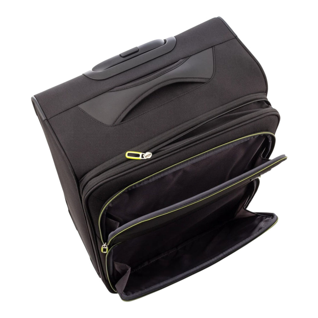Lieblingstasche Lightstyler Spinner M black softside suitcase with front zippered pockets and lime green accents