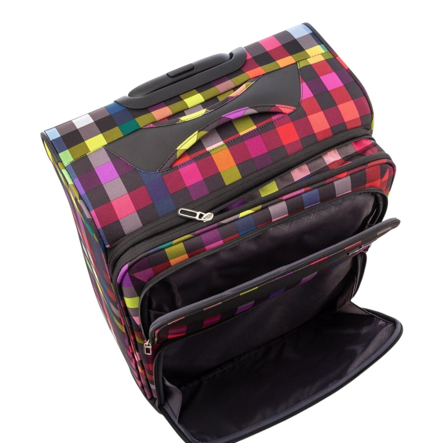 Lieblingstasche Lightstyler Spinner L suitcase in a vibrant multi-colored plaid pattern with front zipper pocket.