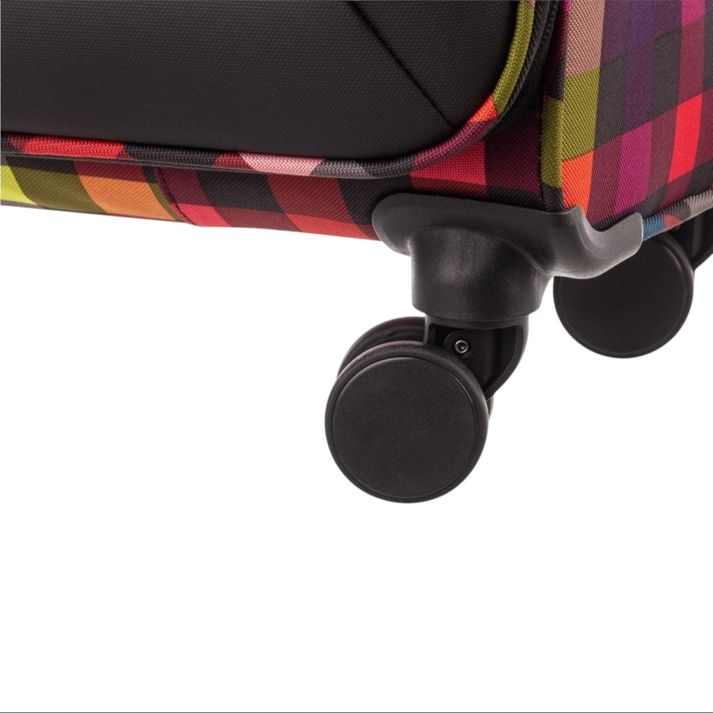 Lieblingstasche Lightstyler Spinner L suitcase featuring a vibrant multi-colored plaid pattern and black wheels