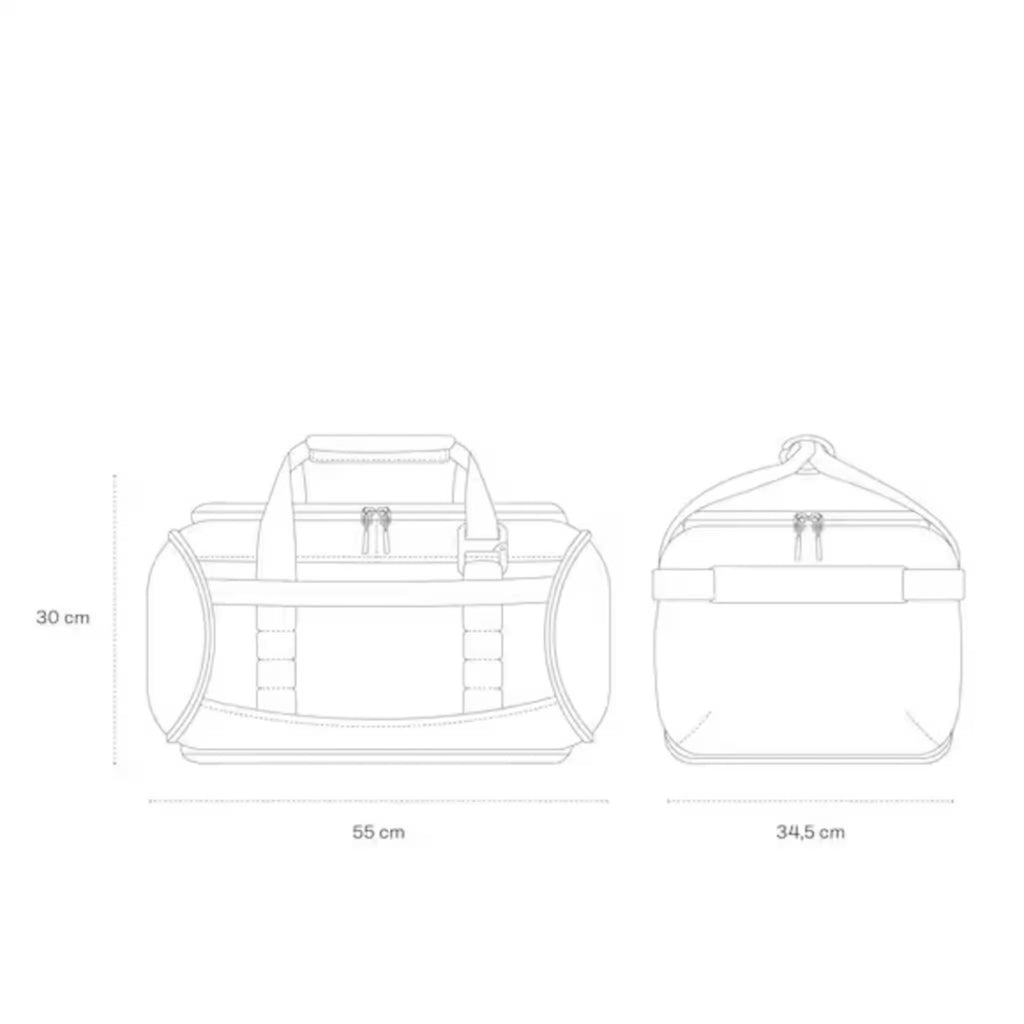 Lieblingstasche Lisbon Duffle Backpack M technical line drawing showing front and side dimensions in centimeters.