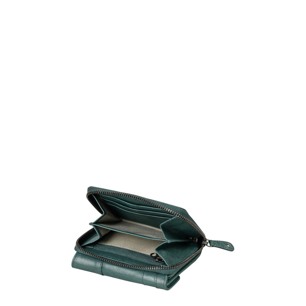Lieblingstasche Lotta wallet in dark green leather with an open zippered compartment and interior card slots.