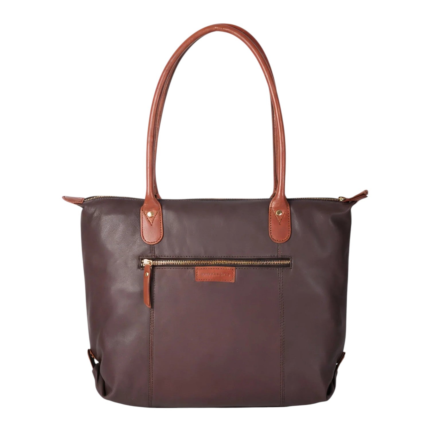 Lieblingstasche Lucia L dark brown leather tote bag with tan leather straps and gold zipper details.
