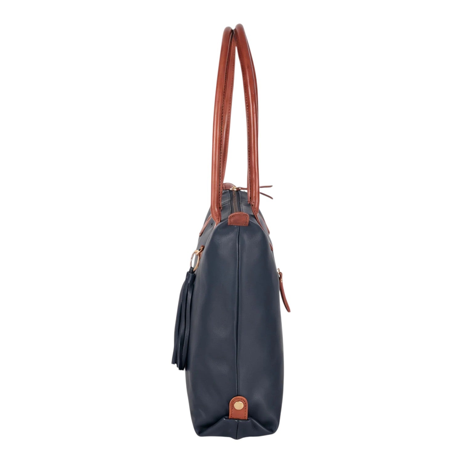 Lieblingstasche Lucia L navy blue leather tote bag with tan leather straps and tassel detail.