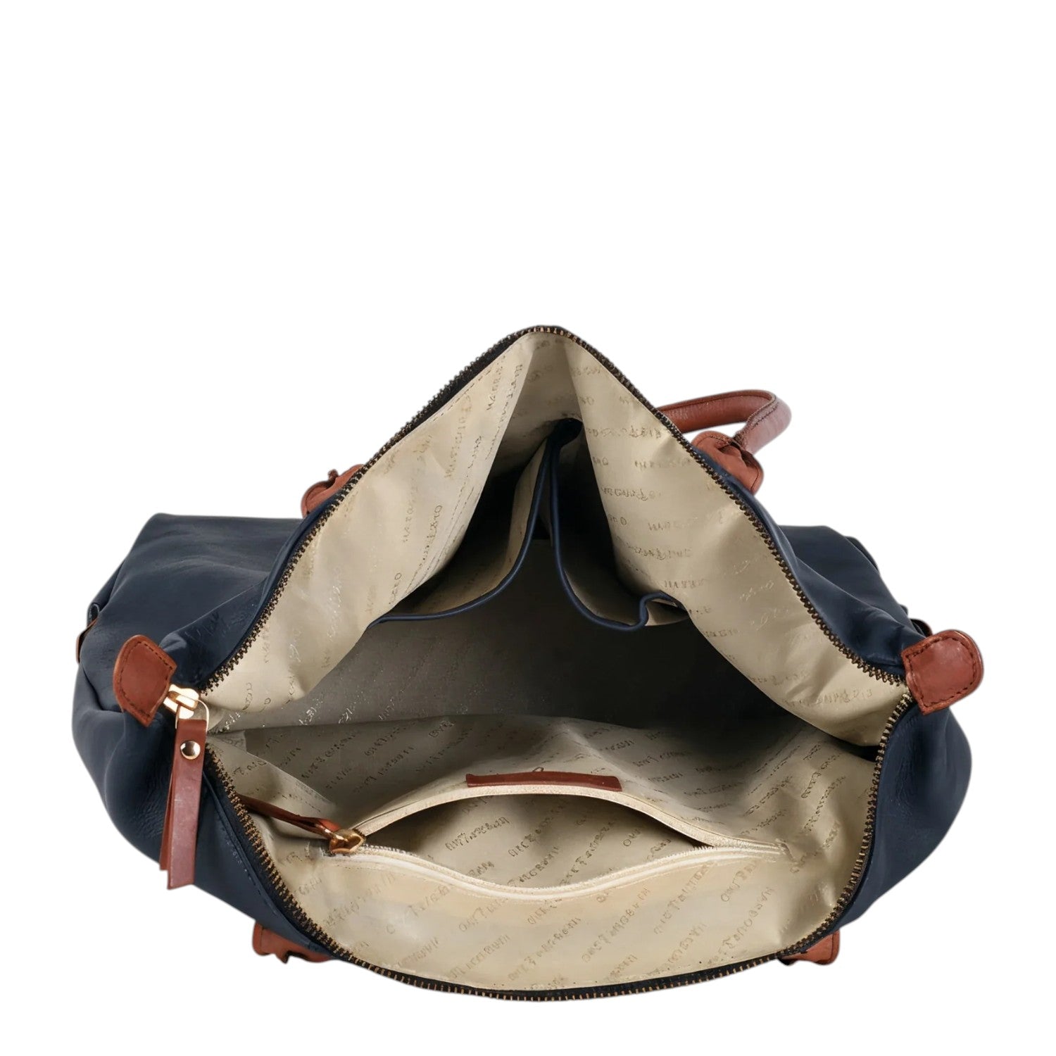 Lieblingstasche Lucia L navy blue leather tote bag with brown trim and multiple interior pockets.