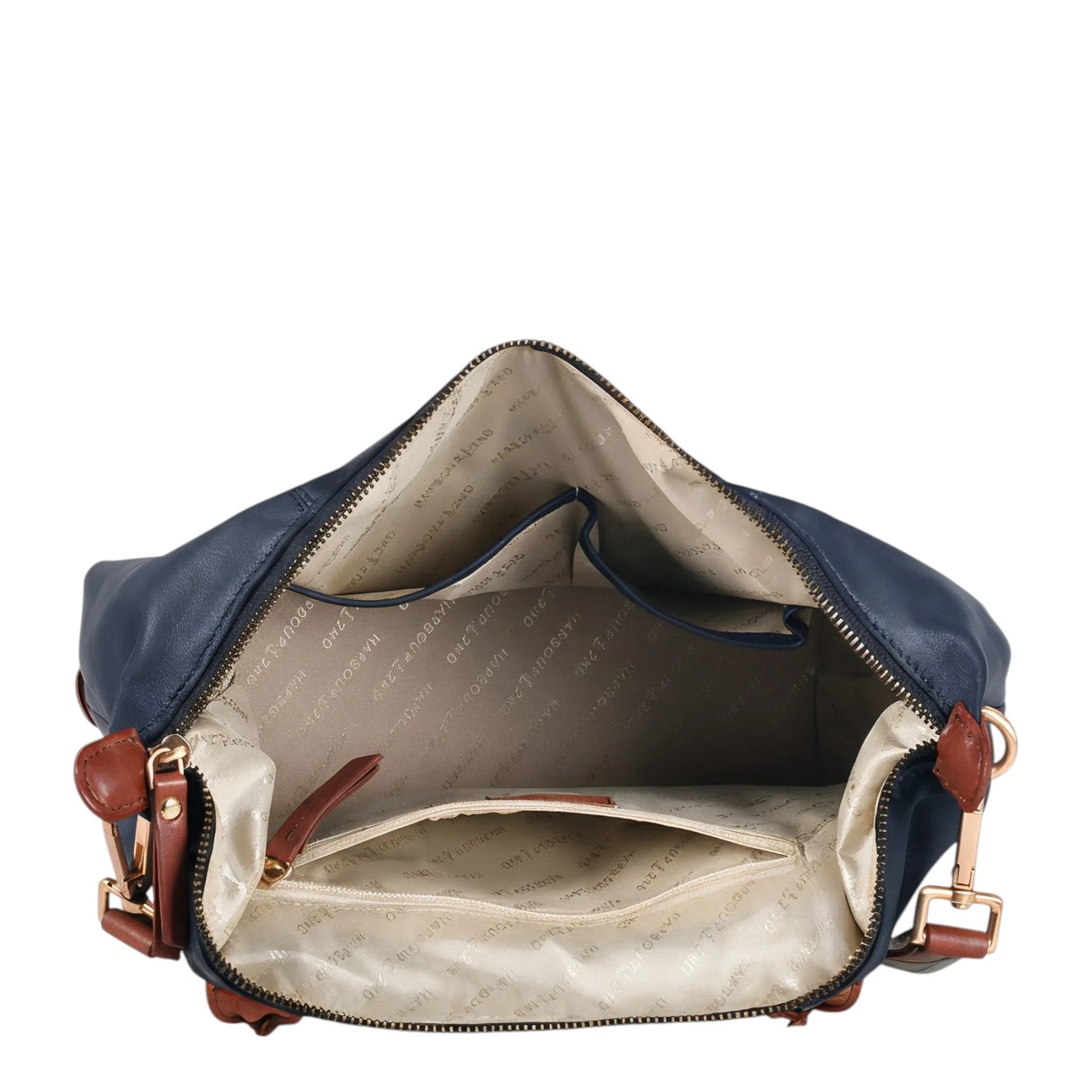 Lieblingstasche Lucia M navy blue leather handbag with brown trim and gold hardware, open to show interior pockets.