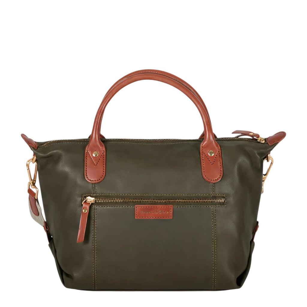 Lieblingstasche Lucia M olive green leather tote bag with tan leather handles and trim, featuring a front zip pocket and gold hardware.