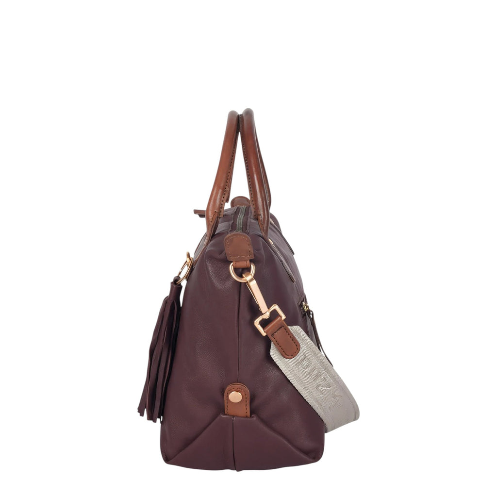 Lieblingstasche Lucia M deep purple leather handbag with brown handles, tassel detail and branded strap.